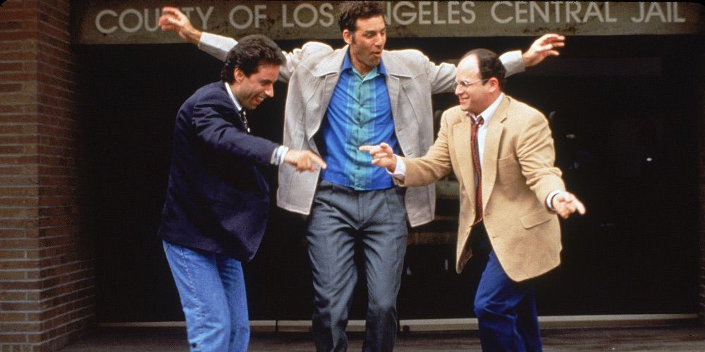 Kramer, Jerry, and George dancing.