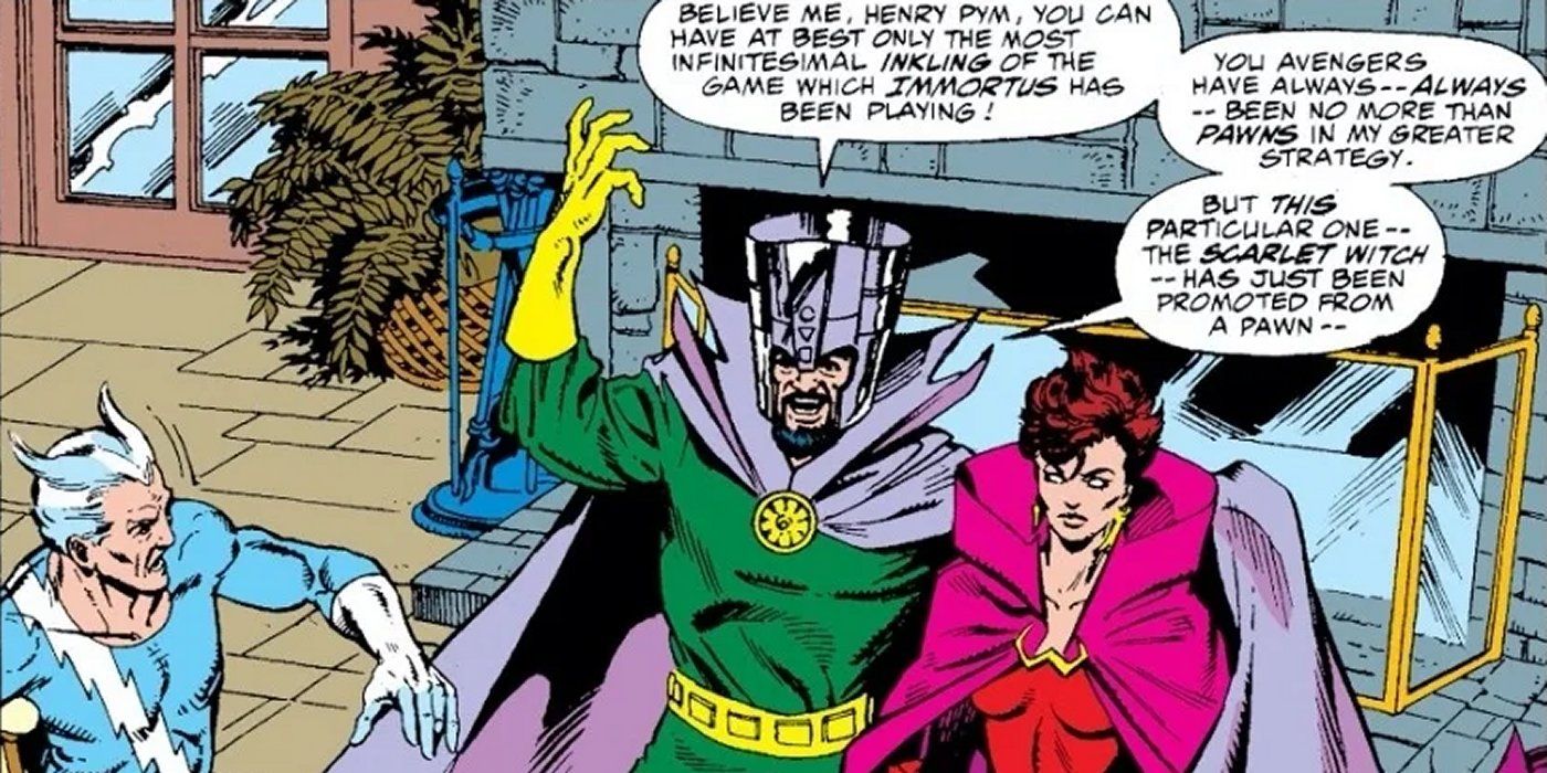 Immortus escorte une Wanda possédée sous le regard de Quicksilver dans Marvel Comics.