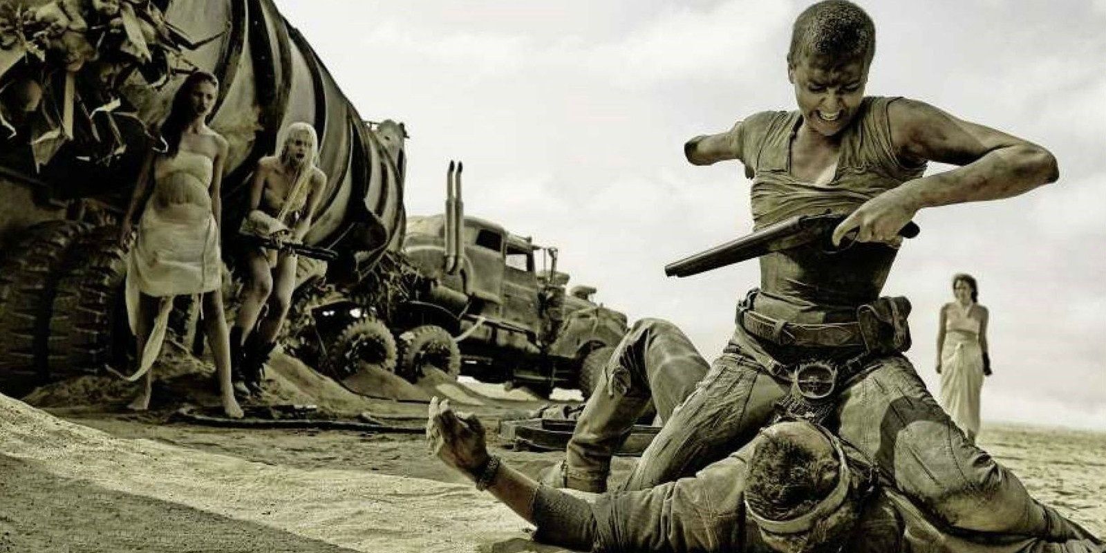 Imperator Furiosa from Mad Max: Fury Road fighting a man.