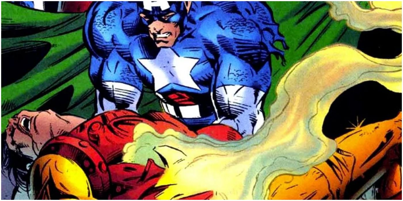 Captain America holds Iron Man after his death in Avengers