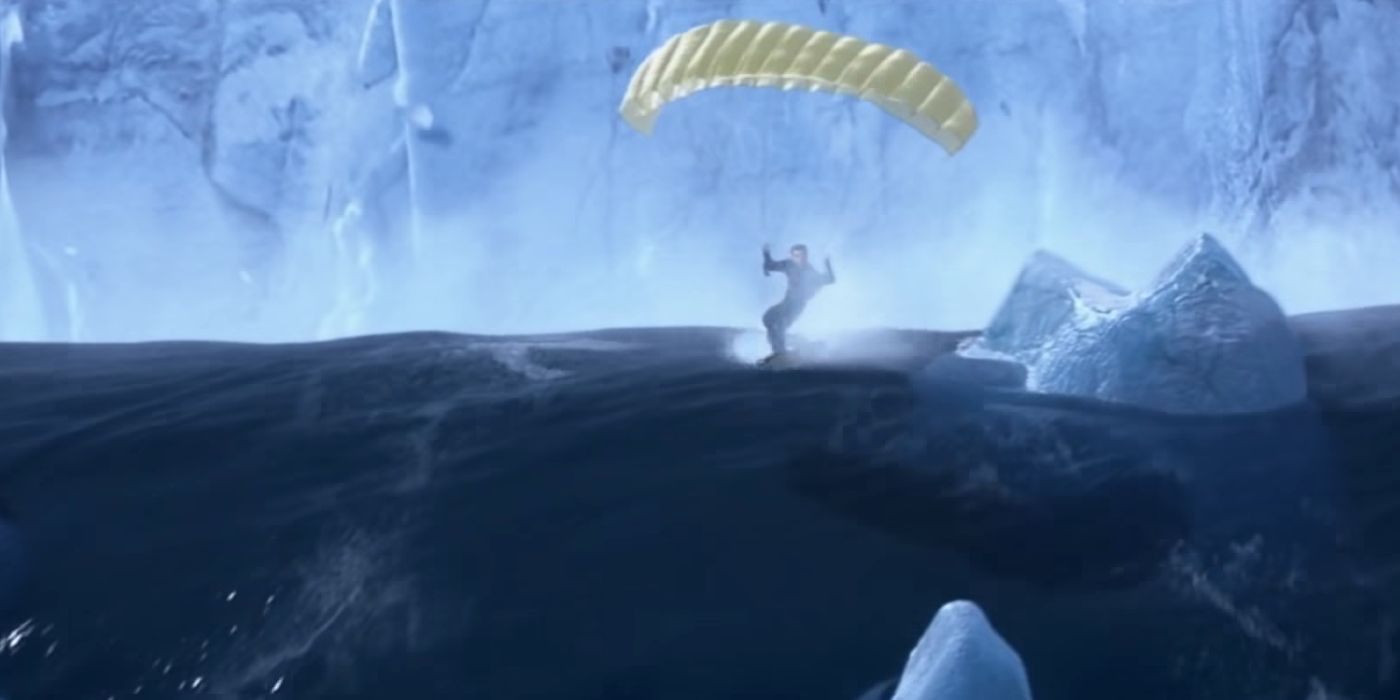 James Bond windsurfing on a tsunami in Die Another Day
