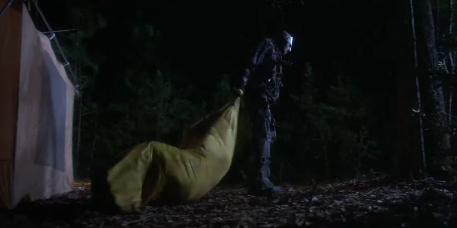 Jason drags victim inside a sleeping bag in The New Blood before killing her