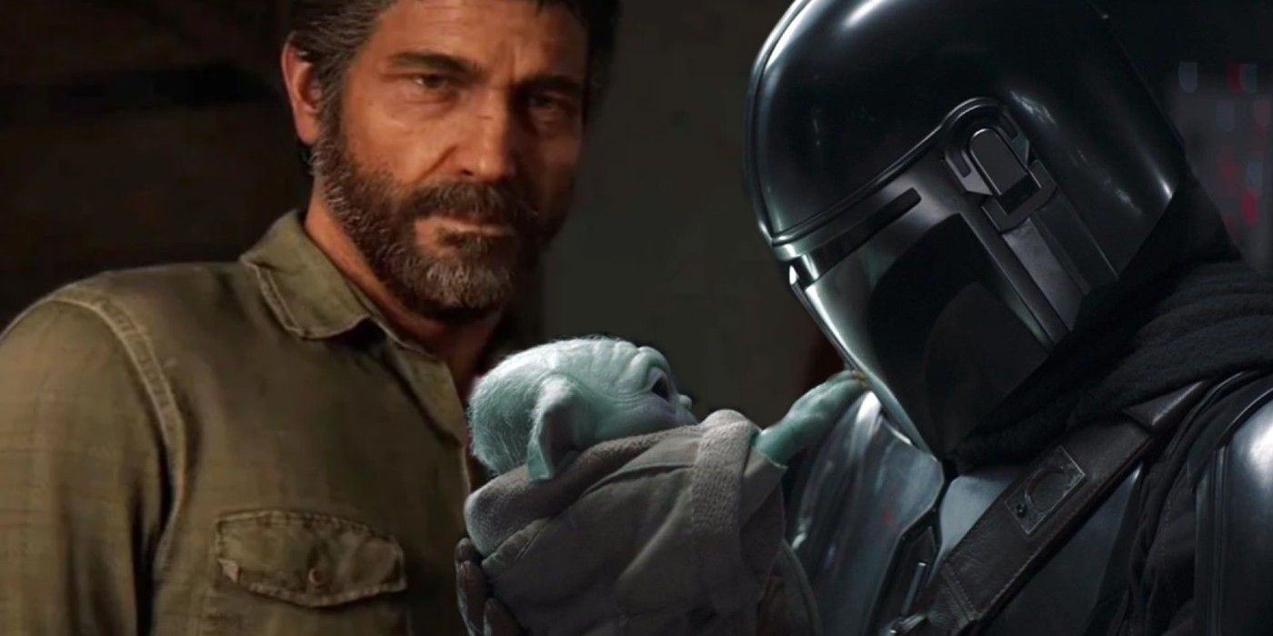 Joel in The Last of Us and Pedro Pascal as Din Djarin and Grogu Baby Yoda in The Mandalorian