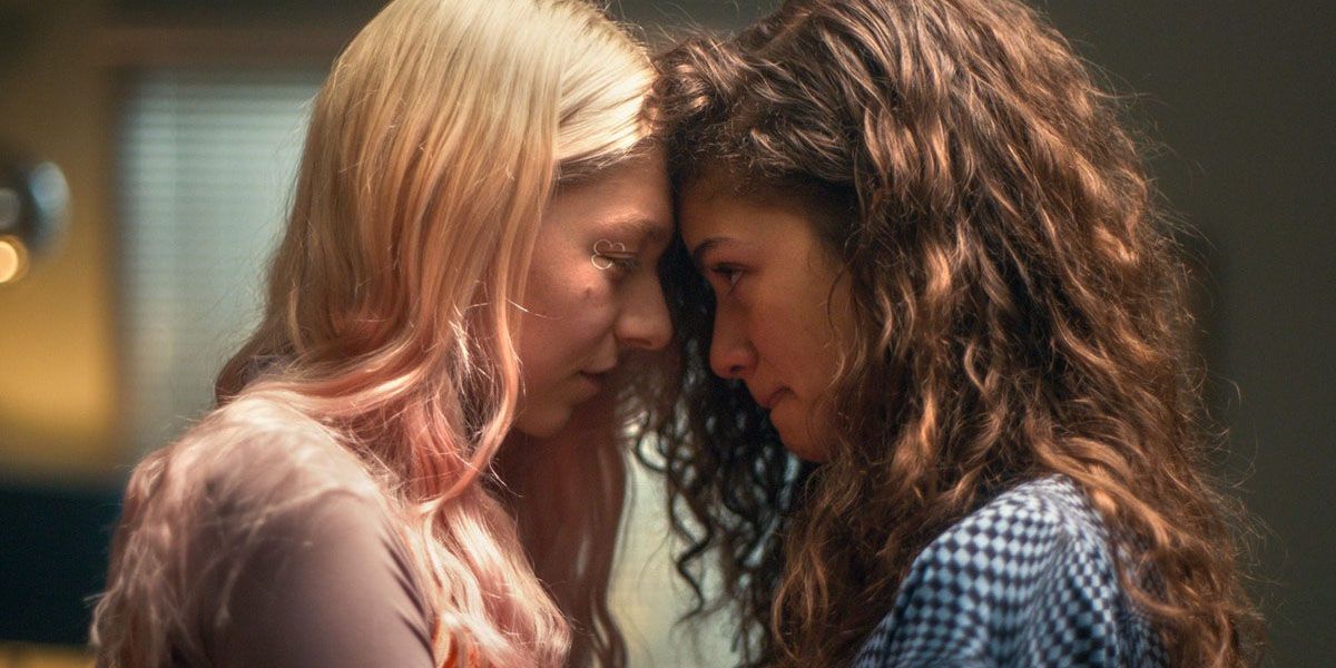 Jules and Rue touching foreheads in Euphoria.