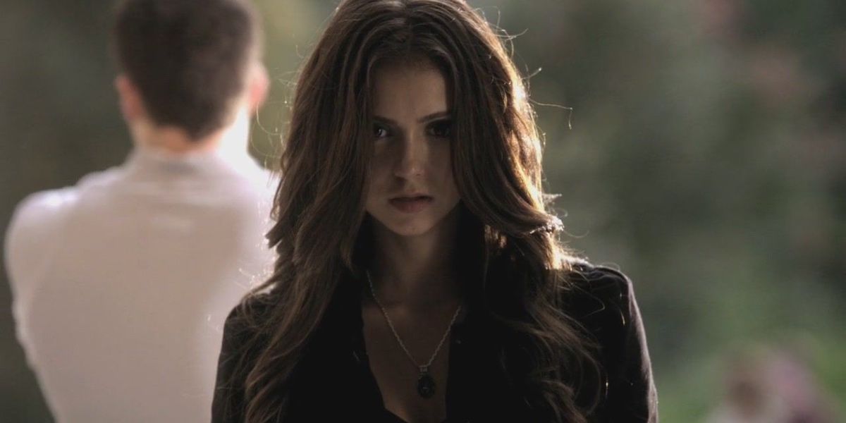 Nina Dobrev as Katherine in The Vampire Diaries, staring straight into the camera