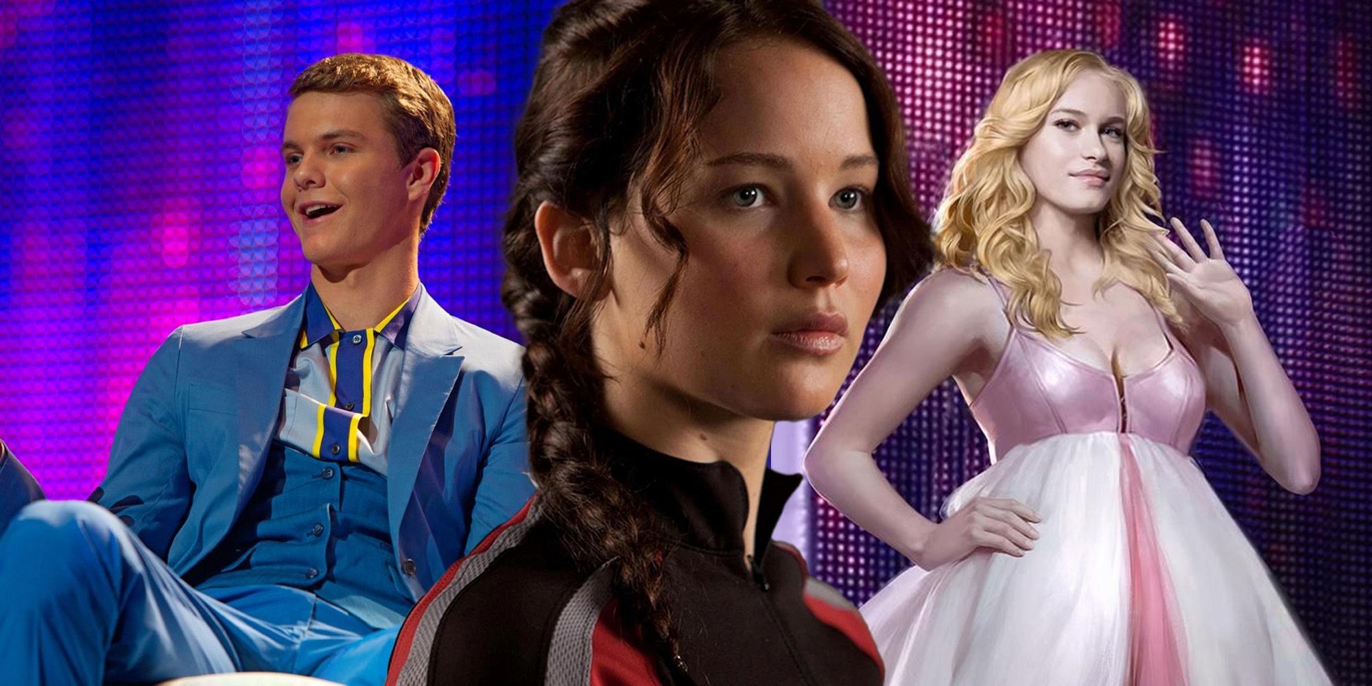 A blended image features Marvel and Glimmer during their Hunger Games interviews in the background and Katniss in her training uniform in the foreground from the first Hunger Games movie