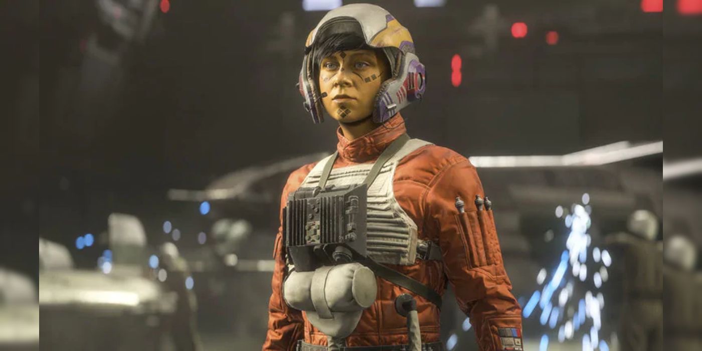 Keo Venzee's character in the New Republic hangar bay in Star Wars Squadrons