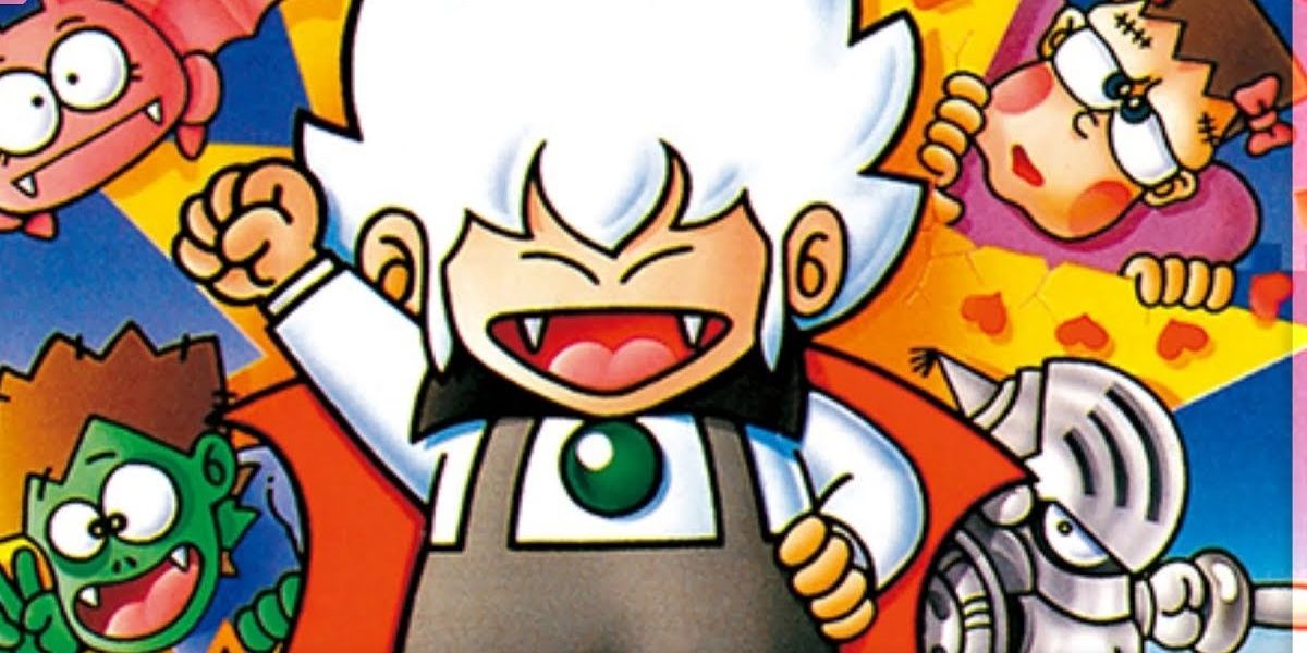 Kid Dracula smiling and raising his fist in artwork for the game.