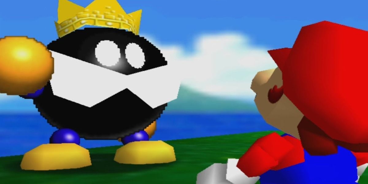 King Bob-Omb towers over Mario.