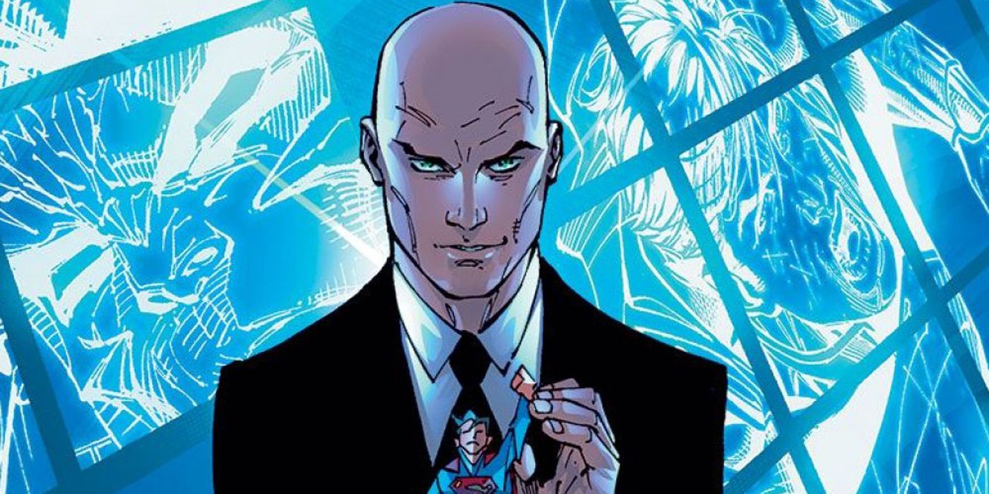 Lex Luthor plays with a toy Superman figure in front of blue TV screens in DC comics.