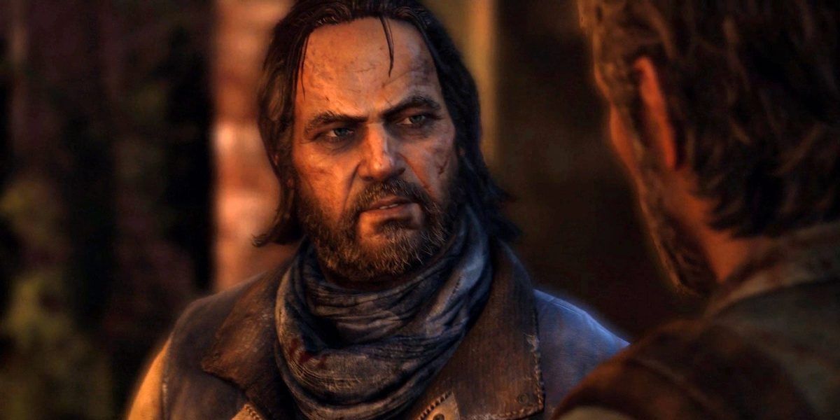 Bill looks angrily at Joel in The Last of Us