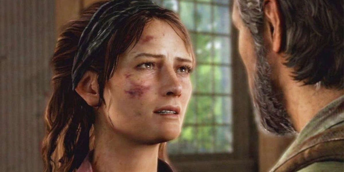 Tess in tears while talking to Joel in The Last of Us video game.