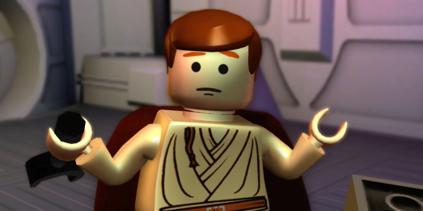 Obi-Wan shrugging in LEGO Star Wars.