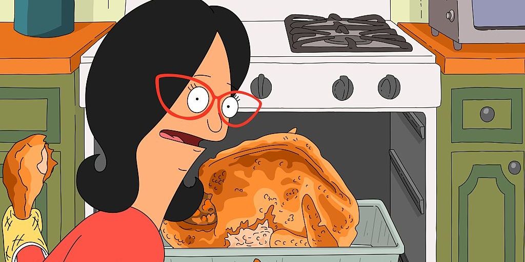 Linda Belcher baking a turkey in the oven.