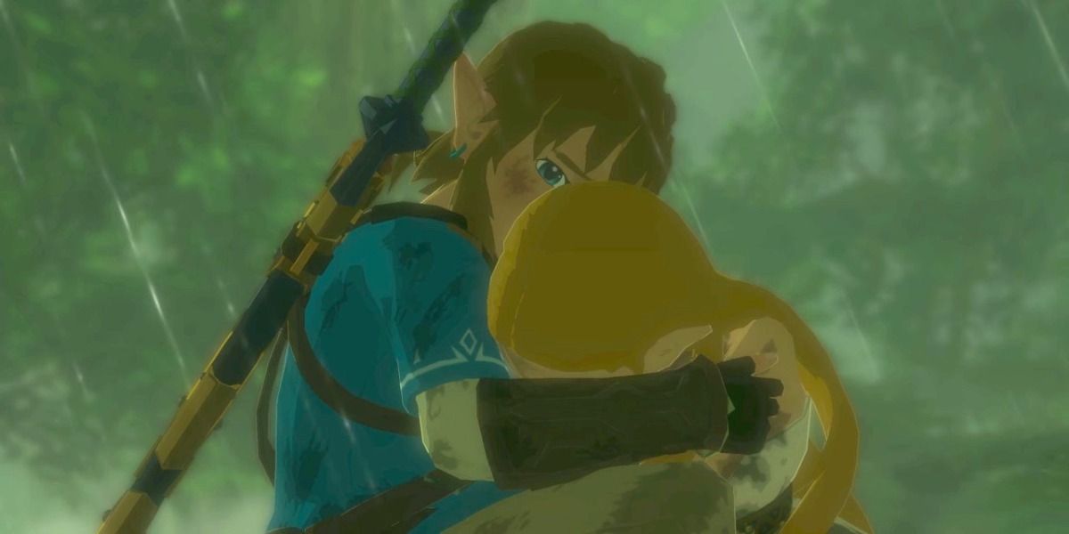 Link and Zelda embracing as it rains in Breath of the Wild.