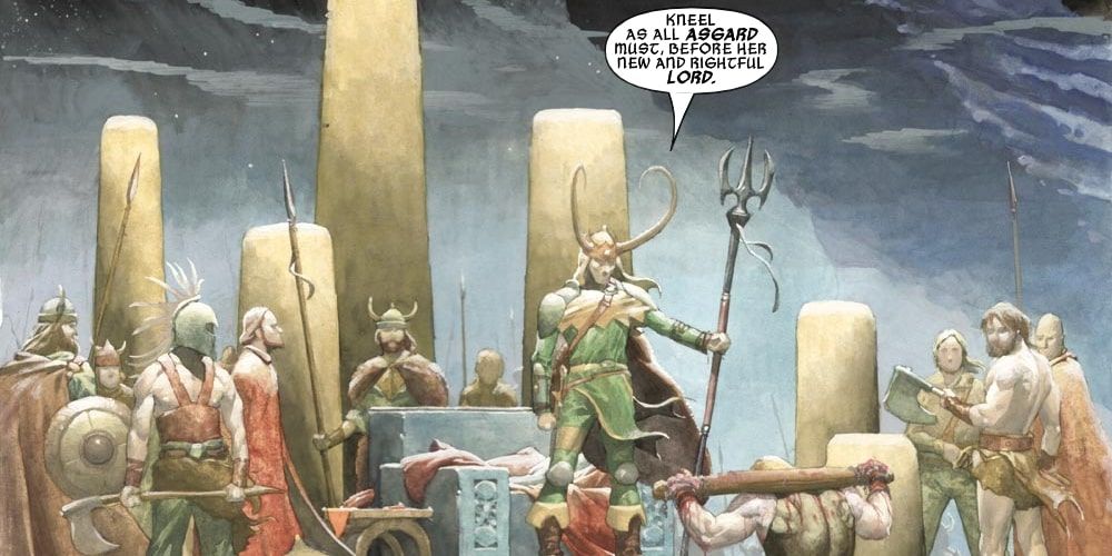Loki as ruler of Asgard with Thor kneeling in front of him in Marvel Comics