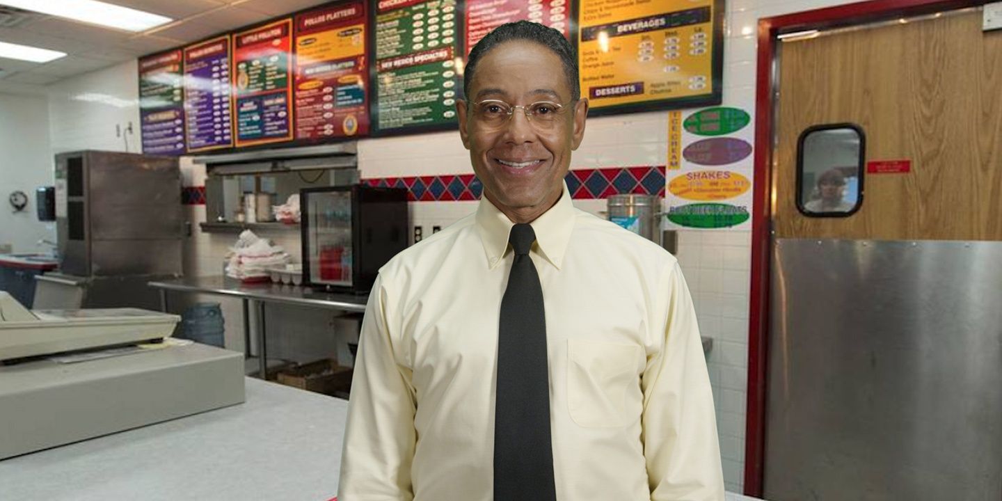 Gus Fring from Breaking Bad standing in Los Pollos Hermanos front counter, with a big smile