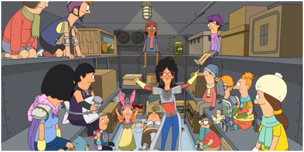 Louise singing her victory song in the freezer while the other kids look at her.