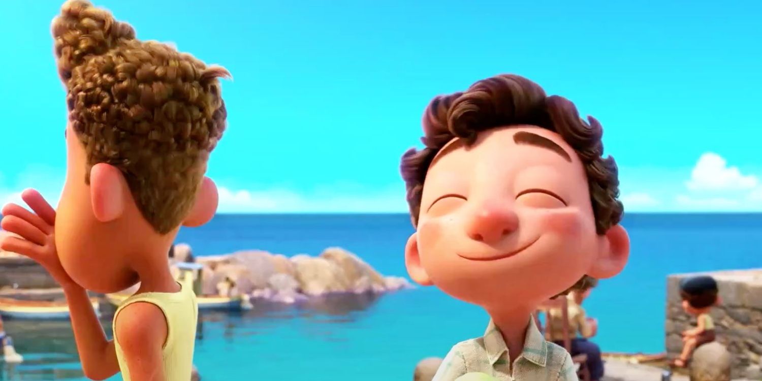 Human Luca eyes closed and smiling in Pixar's Luca