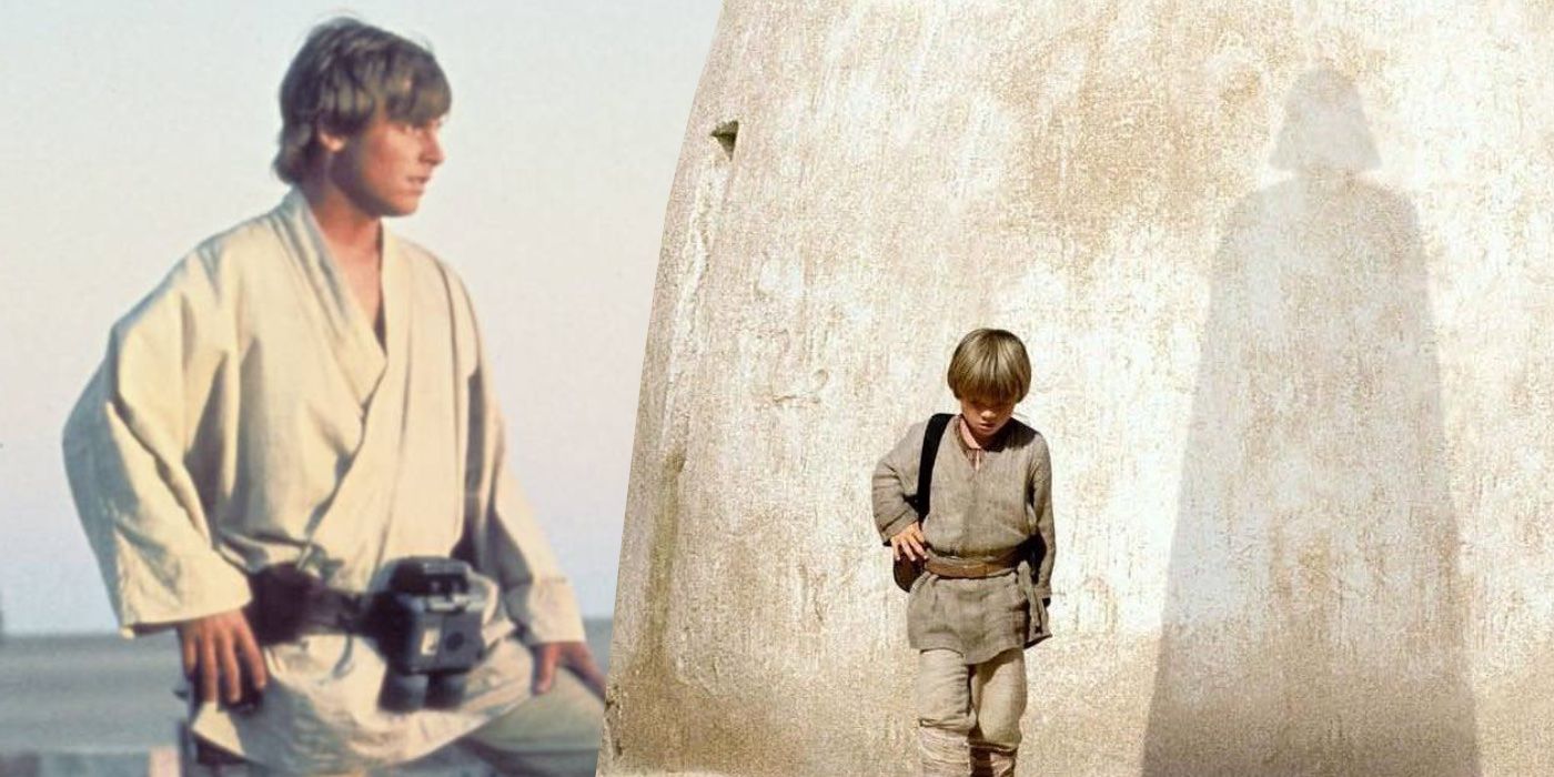 Imagen combinada de Lulke Skywaler y el joven Anakin Skywalker en Tatooine.