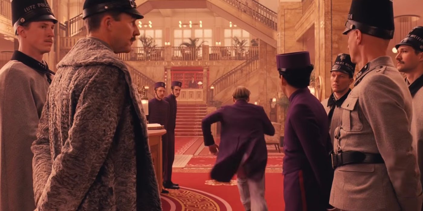 M Gustave flees the police in The Grand Budapest Hotel