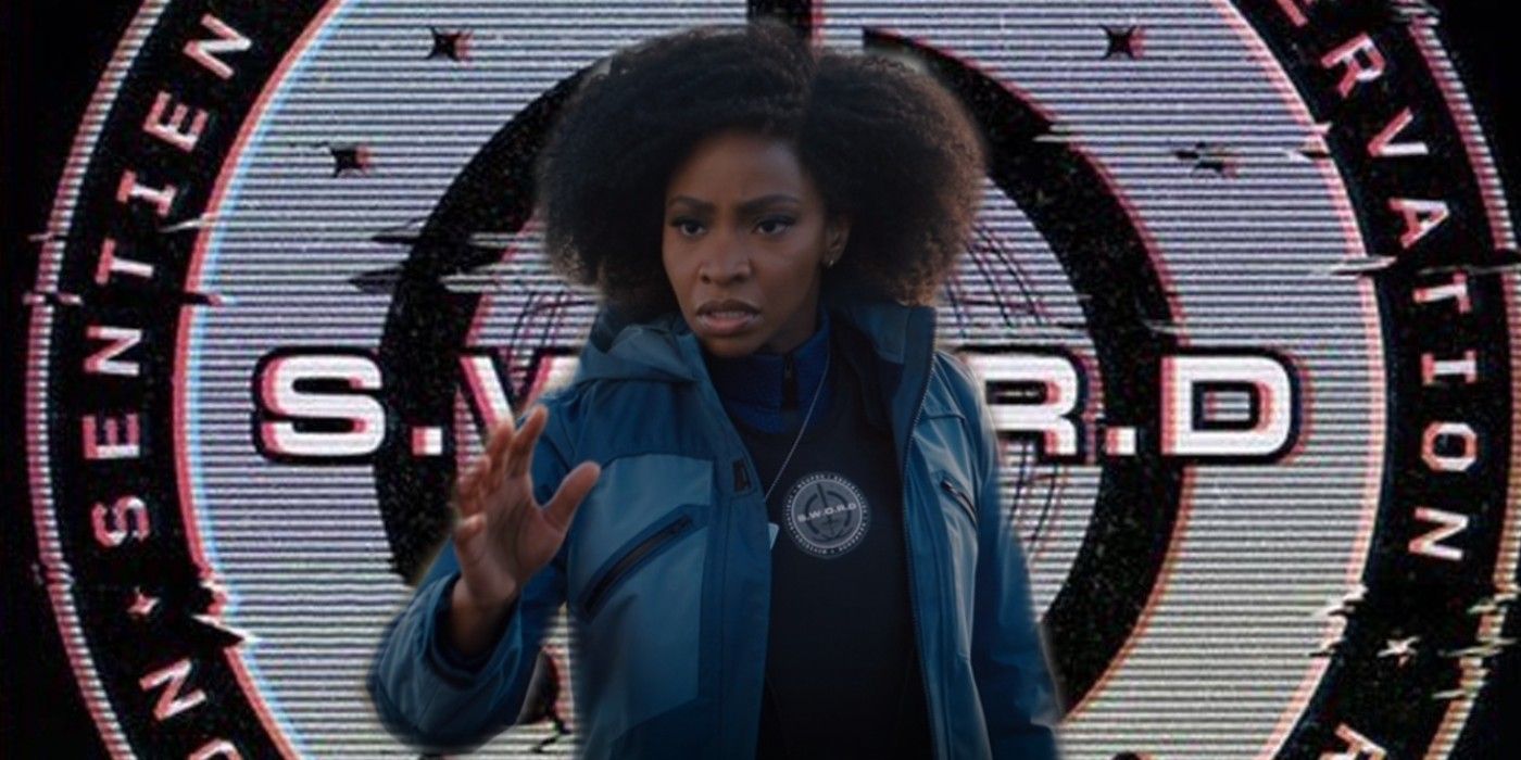 An image of Monica Rambeau standing in front of the SWORD logo