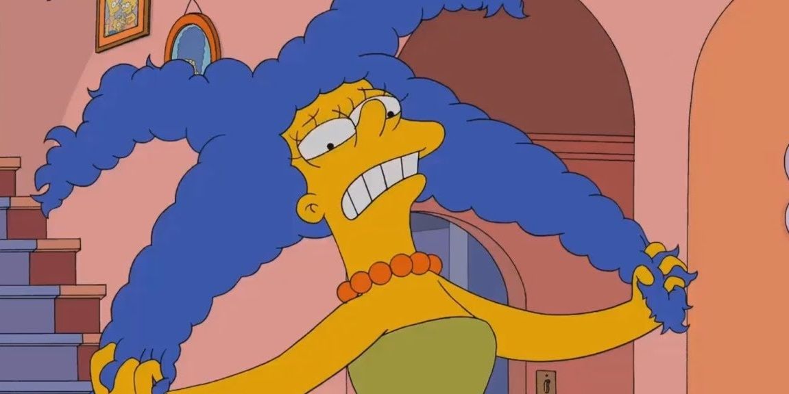 Marge stressfully pulls her hair in The Simpsons
