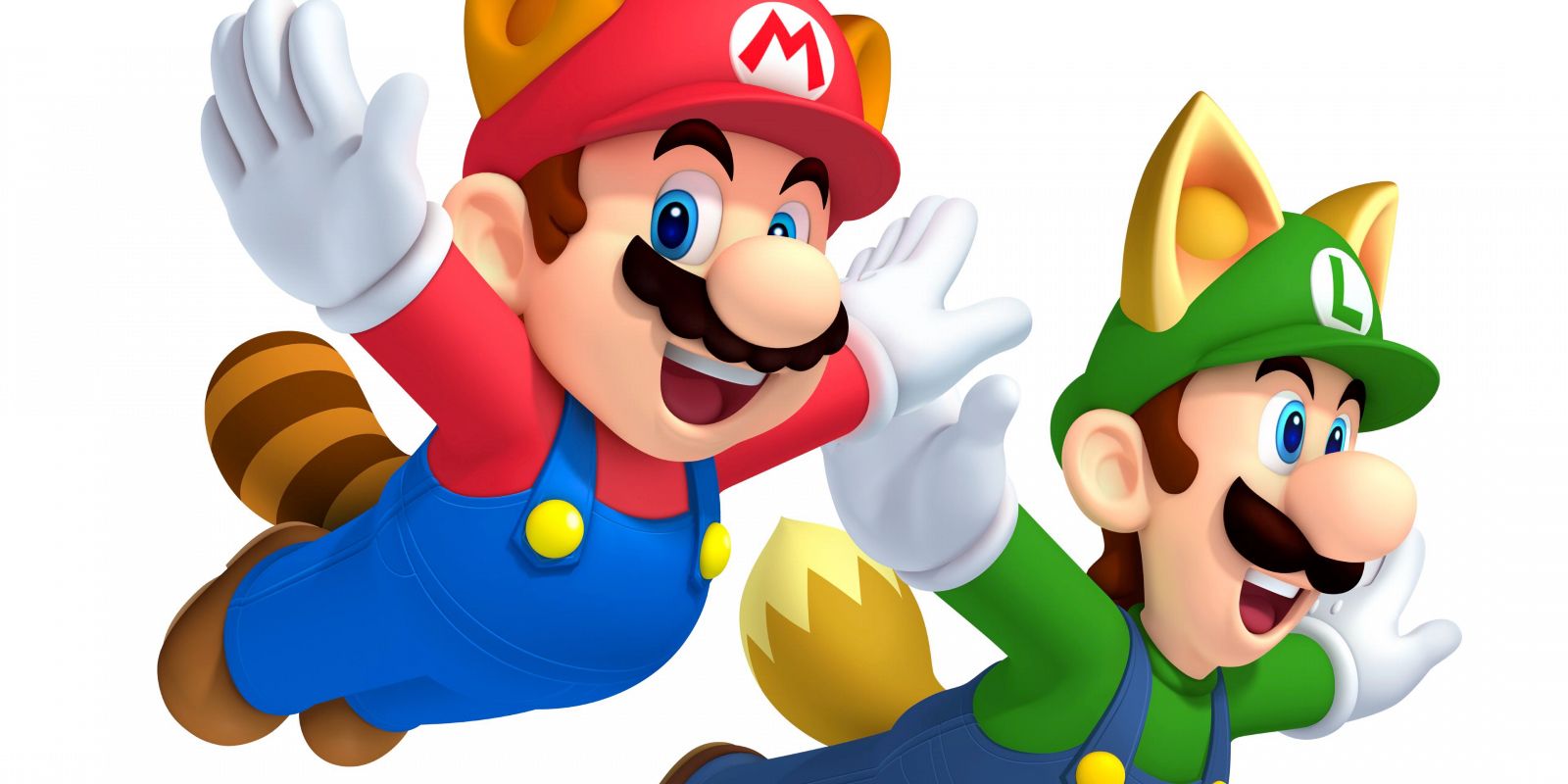Mario and Luigi with cat ears and tails flying and laughing