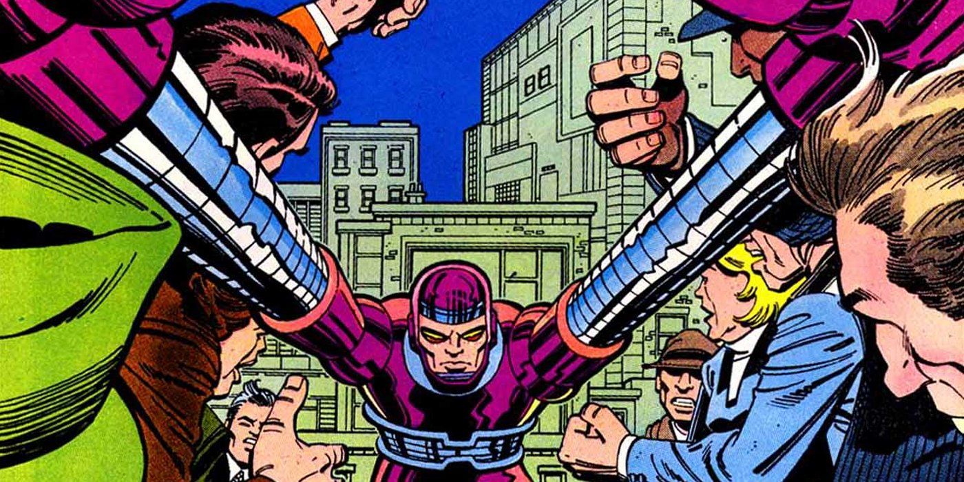 Machine Man extends his arms in Marvel Comics.