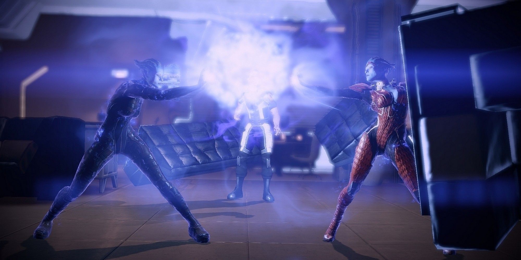 Samara and Morinth fight using biotics during Samara's loyalty mission in Mass Effect 2