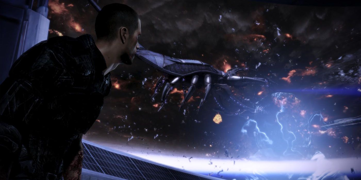 A scene from Mass Effect 3's Best Ending where Shepard looks out a window at Earth being attacked by Reapers