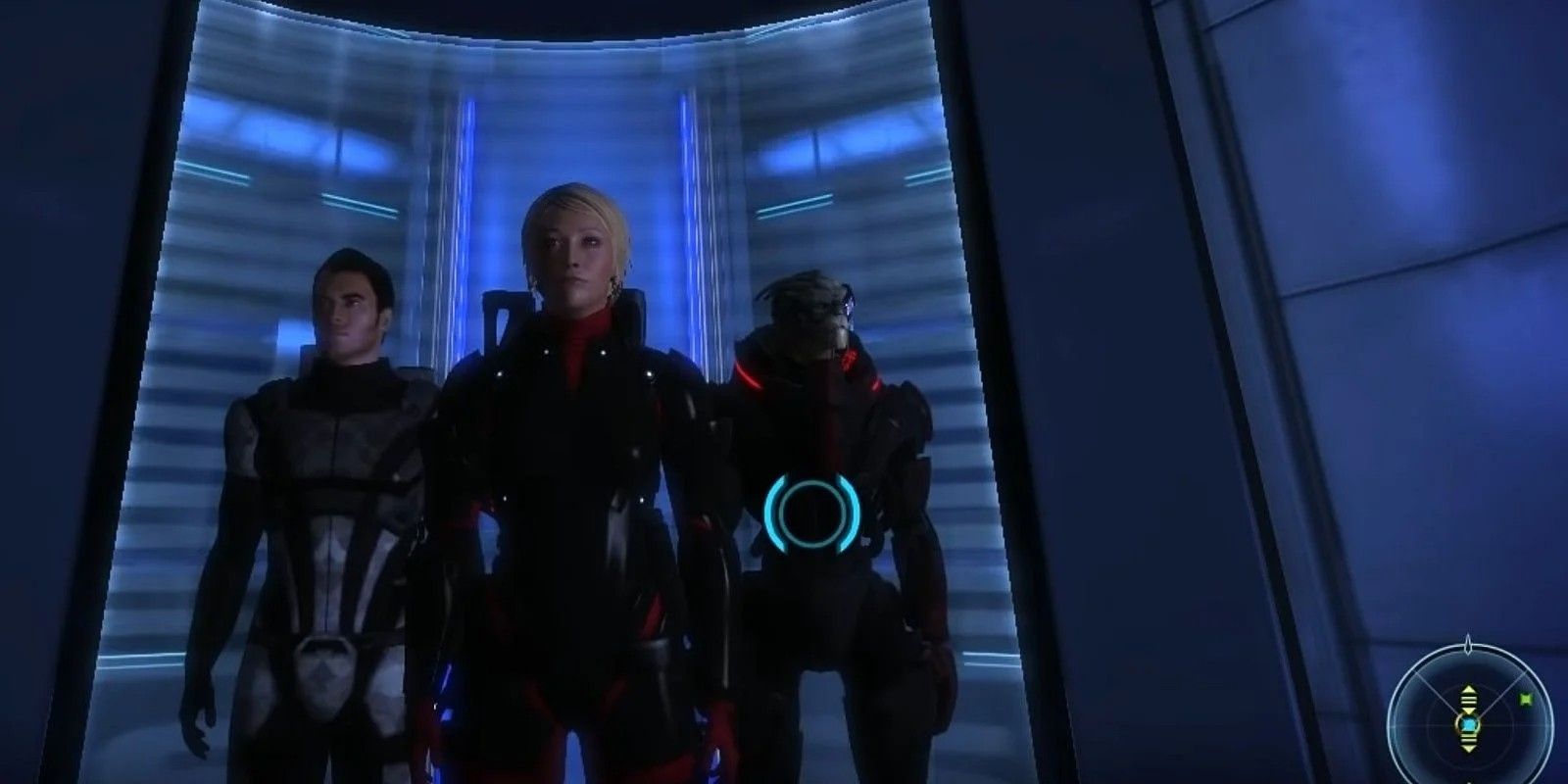 Kaidan, Shepard, and Garrus ride an elevator in the Citadel in Mass Effect