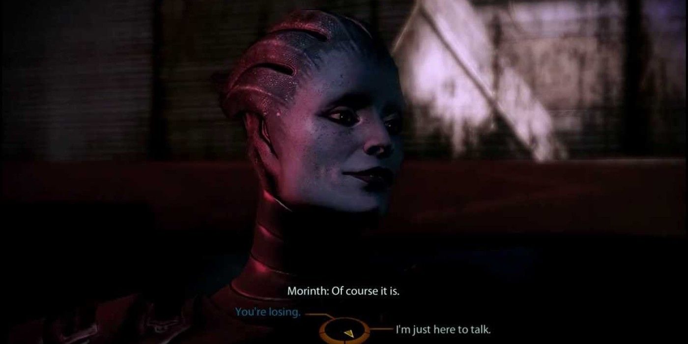 Morinth chats with Shepard in a booth at Afterlife on Omega in Mass Effect 2