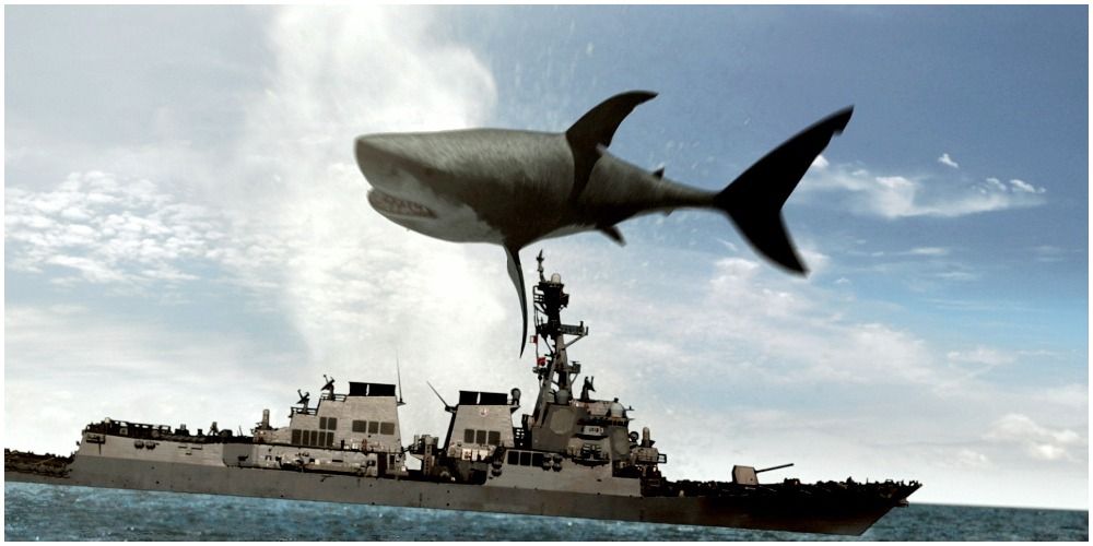 Shark Jumping Into Air With Ship In The Background