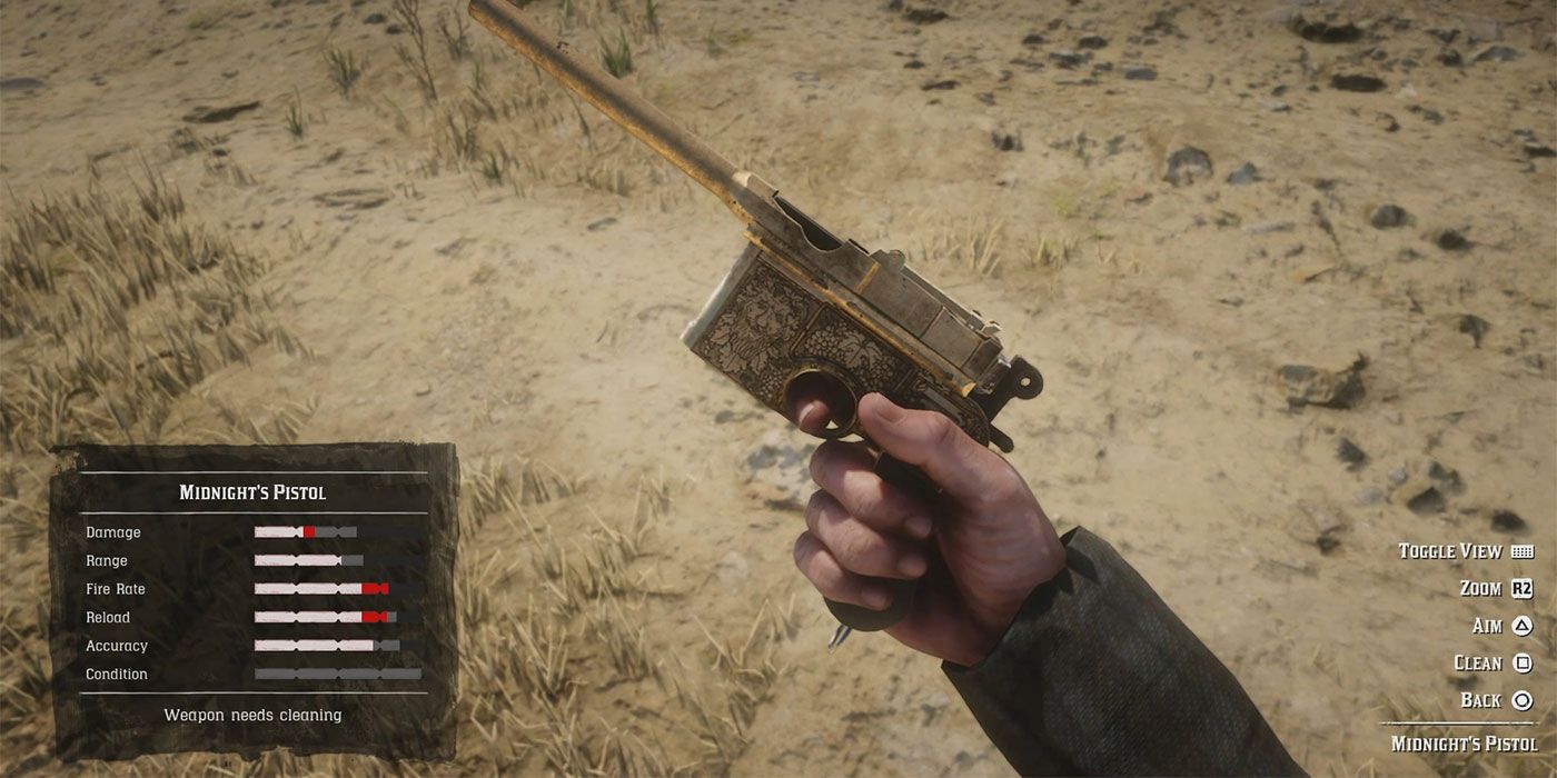 Arthur's hand holding a Midnight Pistol in Red Dead Redemption 2.