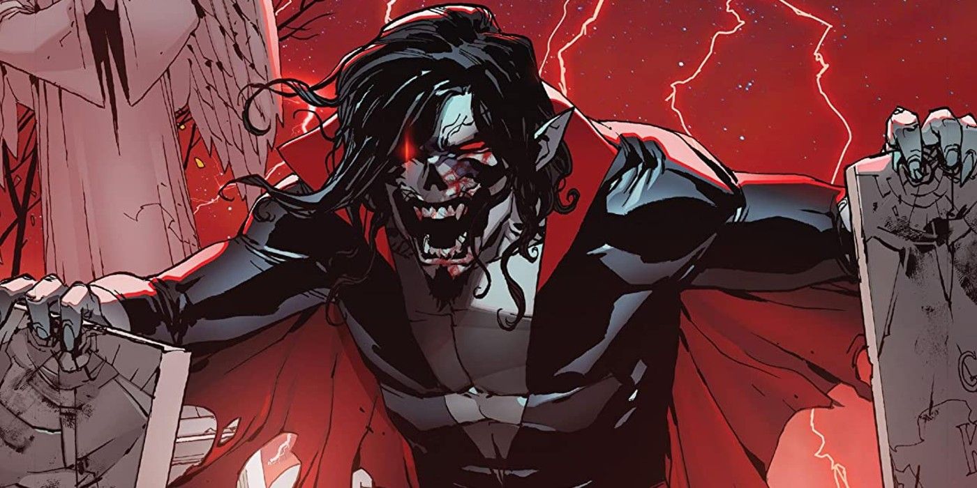 Morbius holding on to two tombstones in the comics