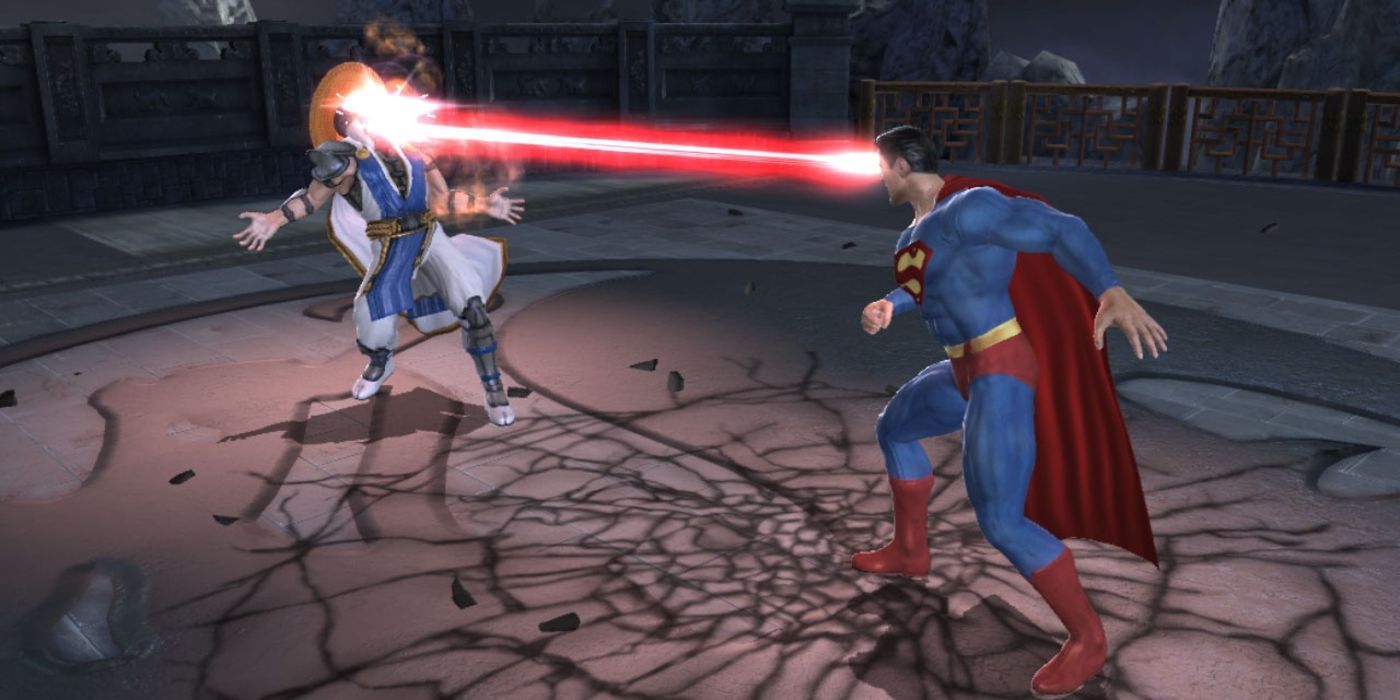 Superman shoots Raiden with his laser vision in Mortal Kombat Vs DC Universe
