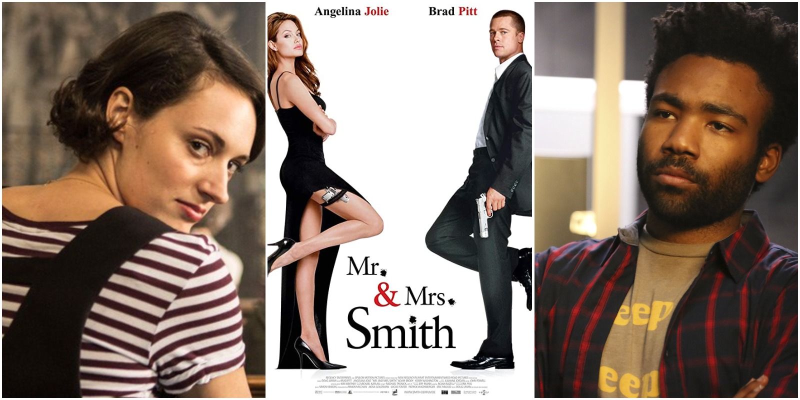 Split image, Pheobe Waller-Bridge, Mr & Mrs Smith movie poster, and Donald Glover