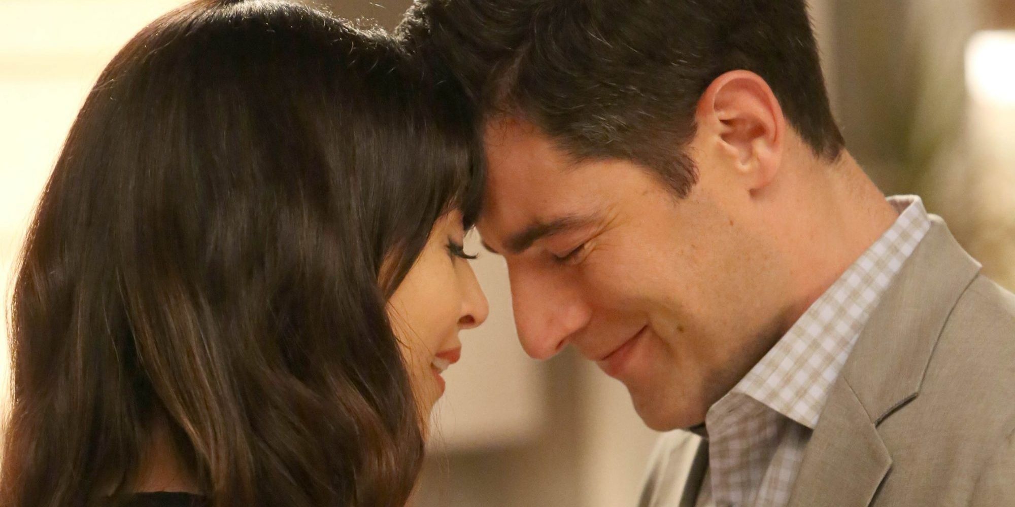 New Girl's Cece and Schmidt with their heads touching