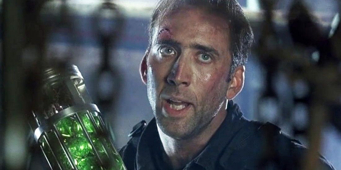 Nicolas Cage looking worried in The Rock