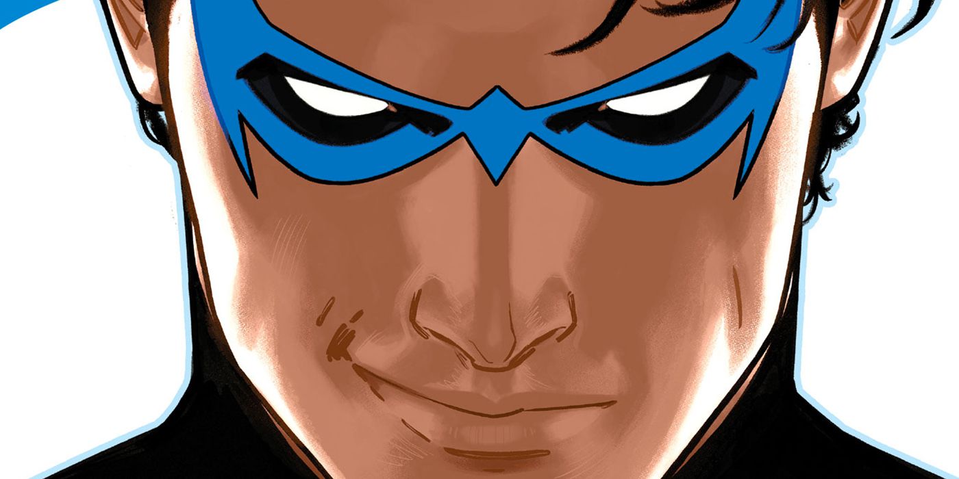 A close-up of DC's Nightwing smiling