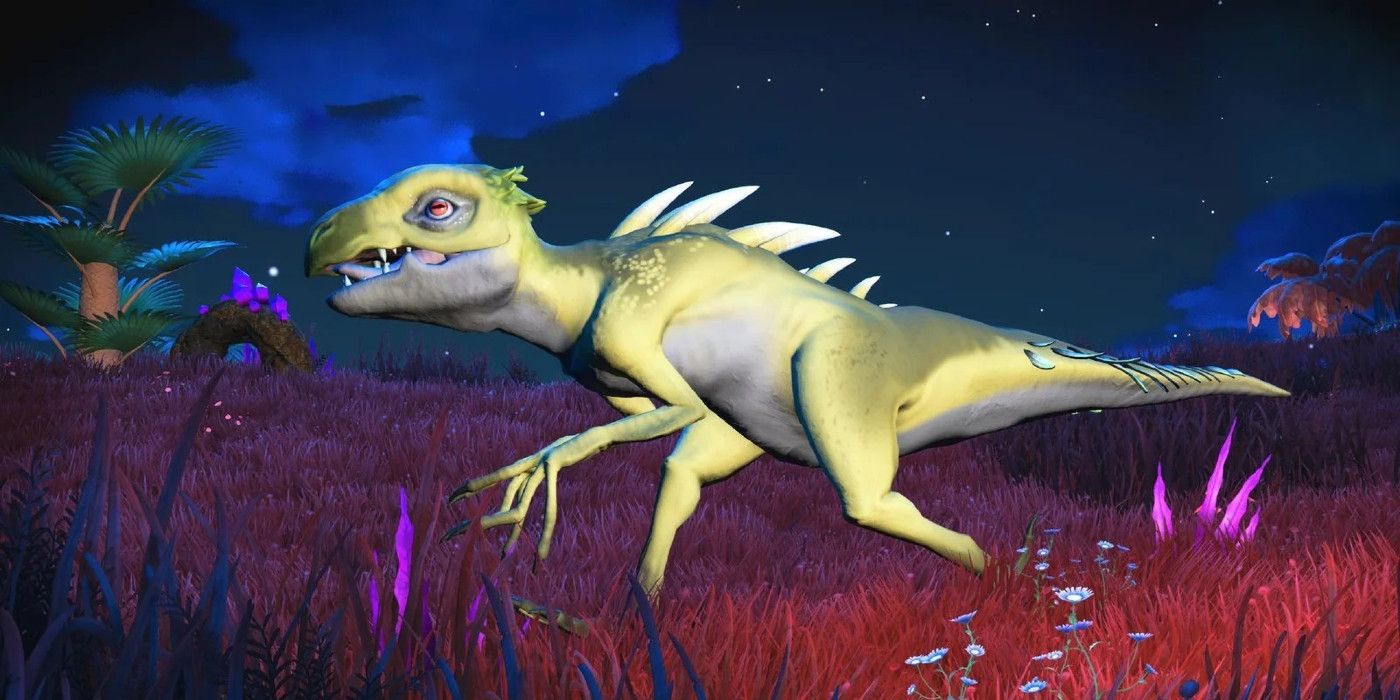 A yellow dinosaur walks over red grass in No Man’s Sky