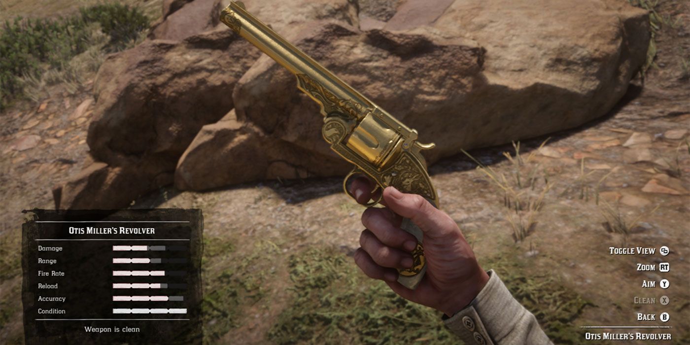 Arthur's hand holding Otis Miller's Revolver in Red Dead Redemption 2.