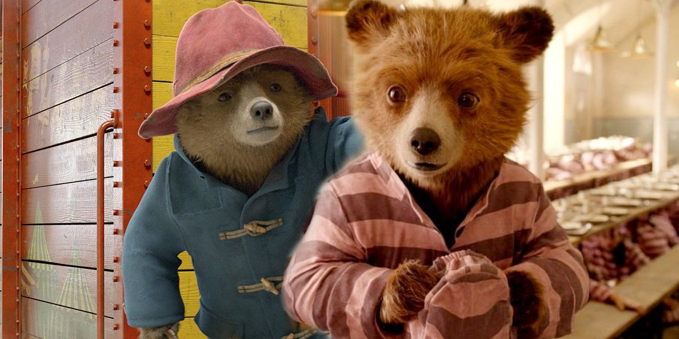 A composite image of Paddington in his blue raincoat and Paddington in his prison outfit