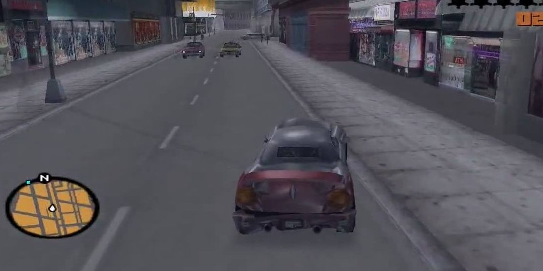 Um carro dirigindo em Grand Theft Auto 3