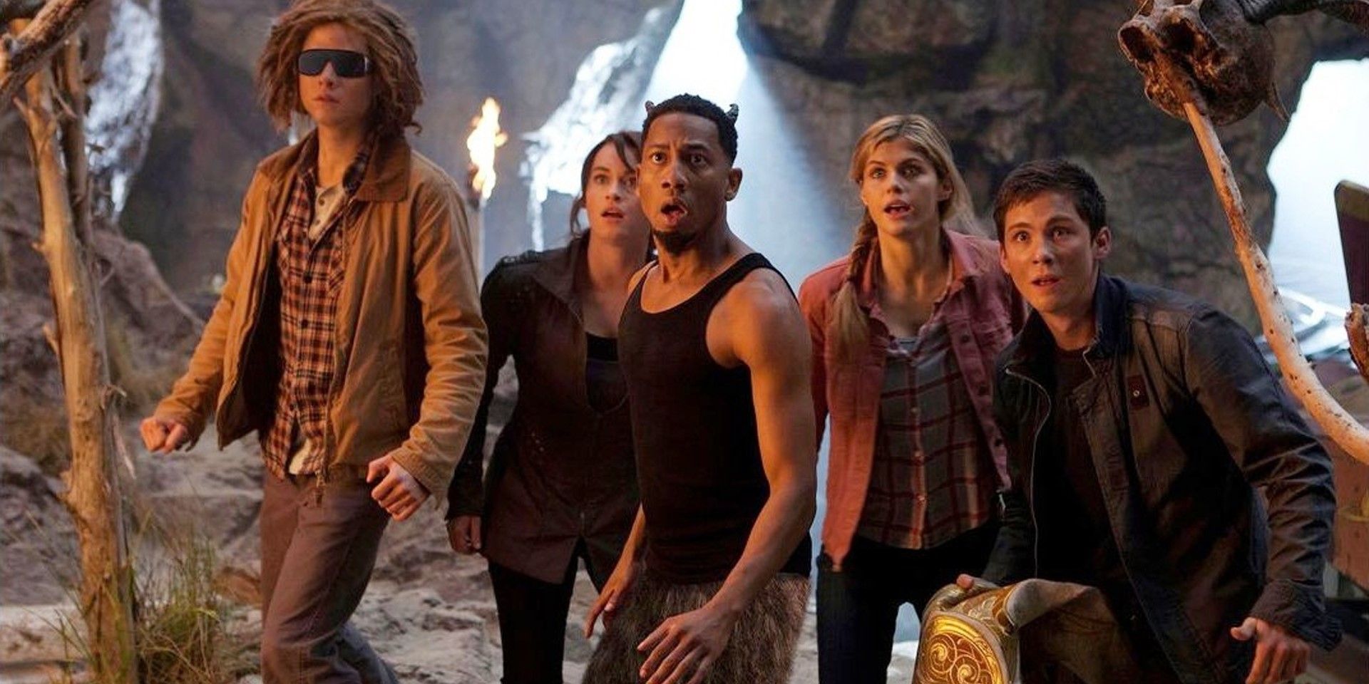 Tyson, Clarisse, Grover, Annabeth, and Percy preparing for a fight in Percy Jackson and the Sea of Monsters