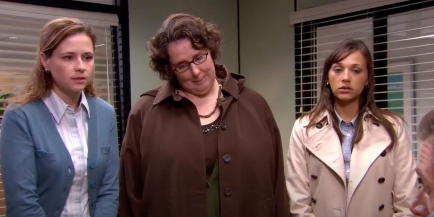 Phyllis, pam, and karen watching michael on the phone - the office