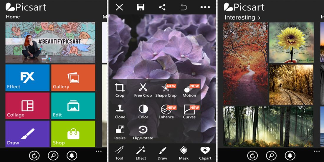 Screenshots of the mobile photo editing app Picsart.