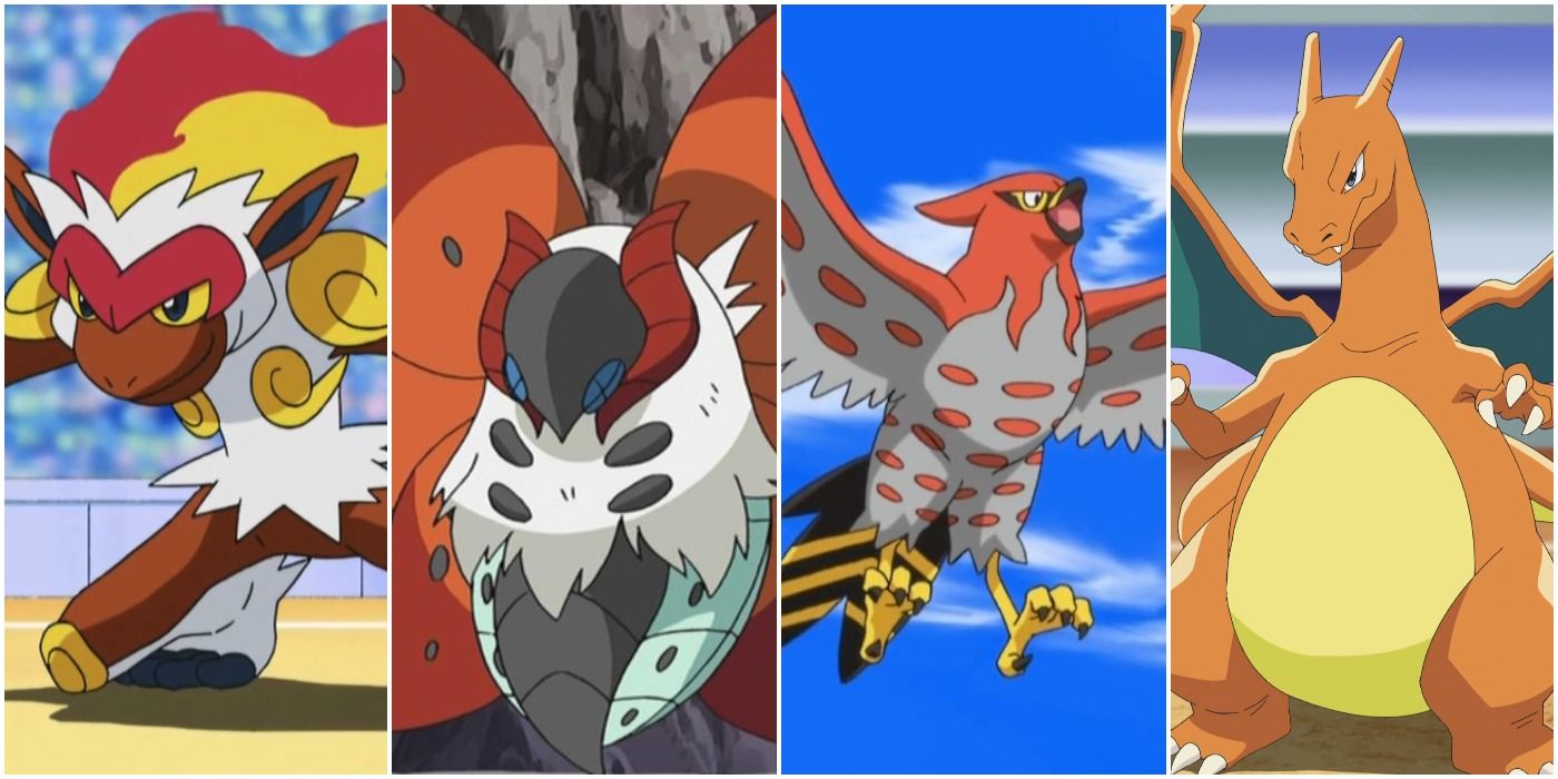 Infernape, Volcarona, Talonflame, and Charizard in the Pokémon anime