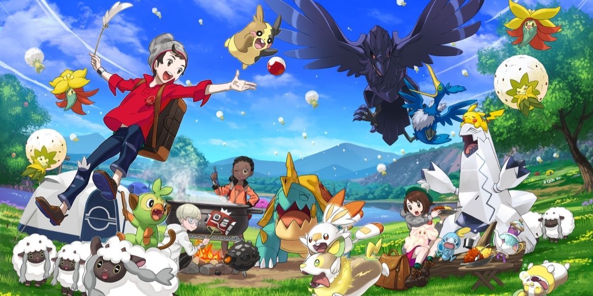 Trainers and their Pokémon in a Galar camp